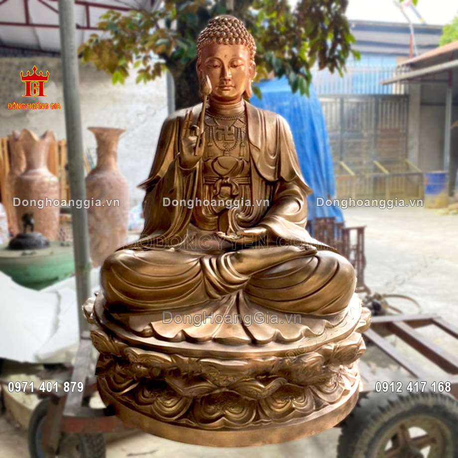 Pho tượng Phật Thích Ca Niêm Hoa Vi Tiếu bằng đồng đỏ làm màu nhũ